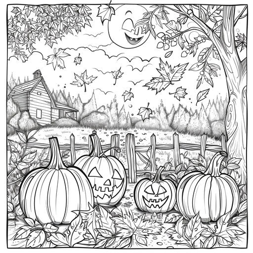 Cozy autumn scene with pumpkins and falling leaves for Halloween