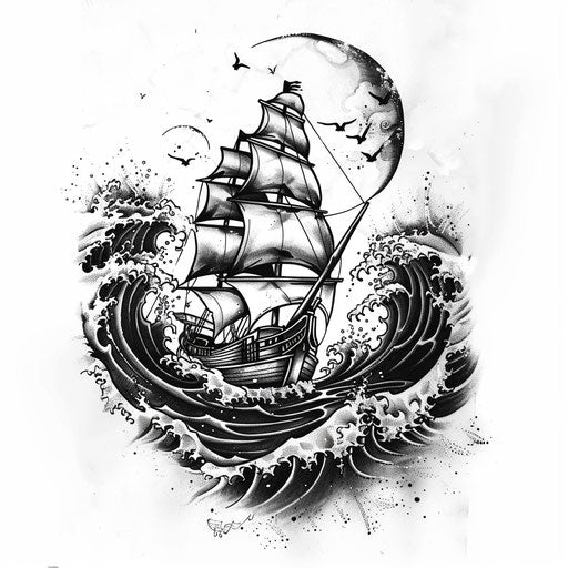 Dynamic flat tattoo sketch of a ship sailing through rough, stylized waves