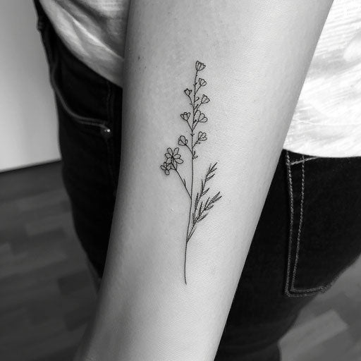Minimalist wildflower tattoo, single stem, black ink, fine line art