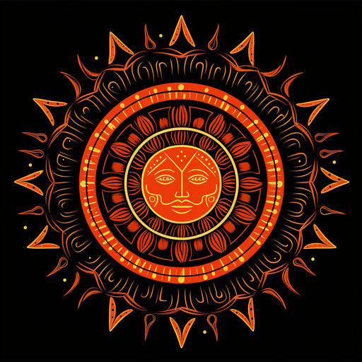 Sun art black orange white, moche art style, poster