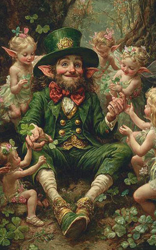 In the enchanted forest, a leprechaun surrounded by fairies and elves.