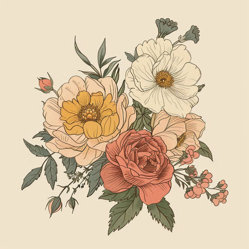 Elegant flat sketch of a birth flower bouquet with roses and peonies in soft pastels