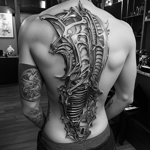 Black and grey tattoo with biomechanical design