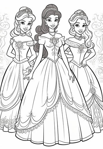 Disney Princesses Coloring Page for Girl Friends, Baroque Style
