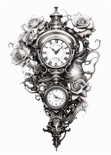 Old industrial clock tattoo in black and white