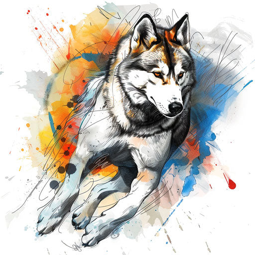 Elegant flat tattoo sketch with watercolor effects showcasing a leaping husky