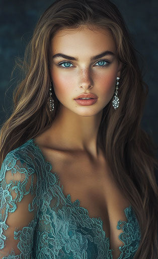 Gorgeous model with long hair and blue eyes in teal lace dress