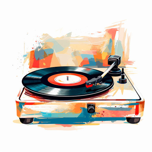 Illustration of a record player in the style of Impressionistic Art, on white background