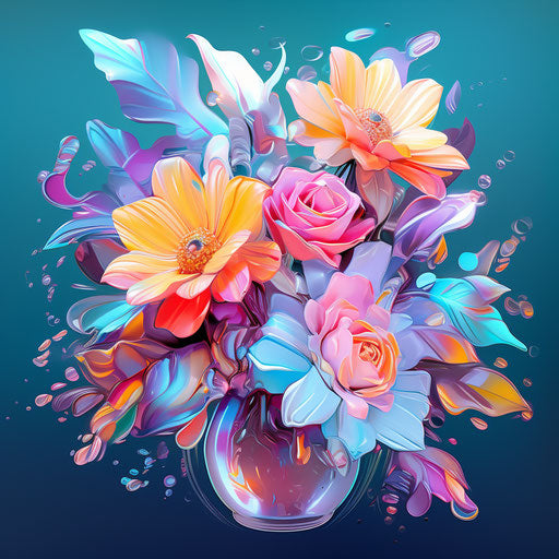 Digital floral bouquet on blue background, energetic and beautiful