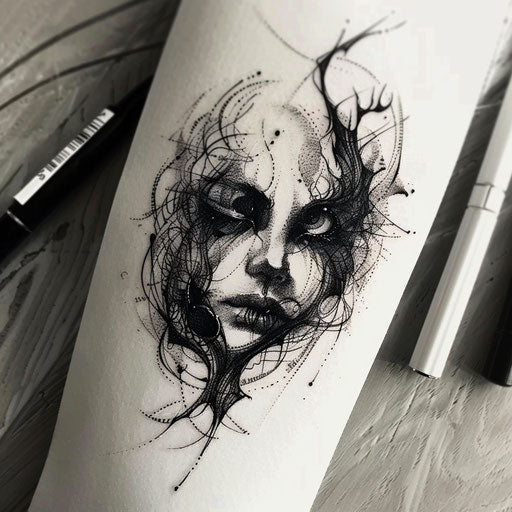 Bold and dark flat tattoo sketch with a soul enveloped in mysterious shadows