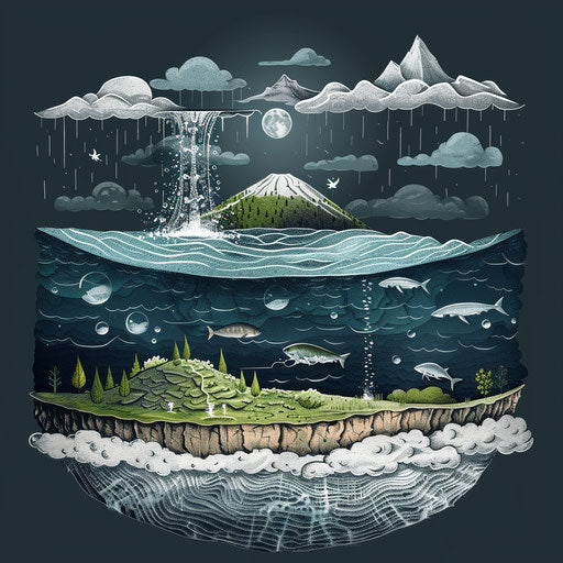 Water cycle clipart in realistic style on flat dark charcoal background