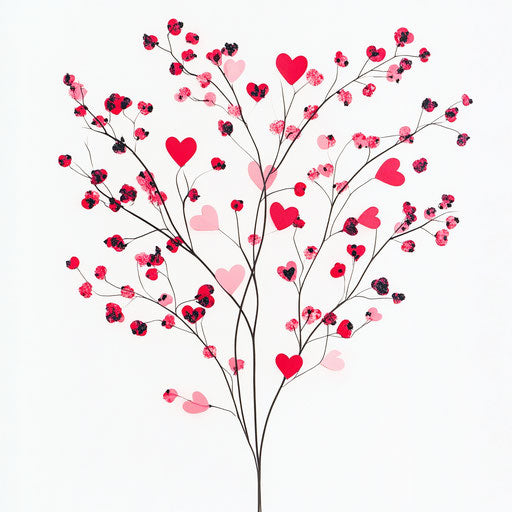 35 pink and red heart-shaped floral stems with berries on white