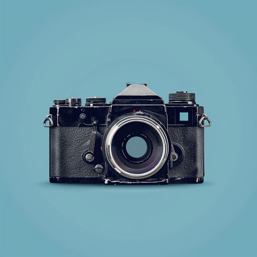 Film camera clipart in photo realistic style with flat blue background, soft focus and light texture