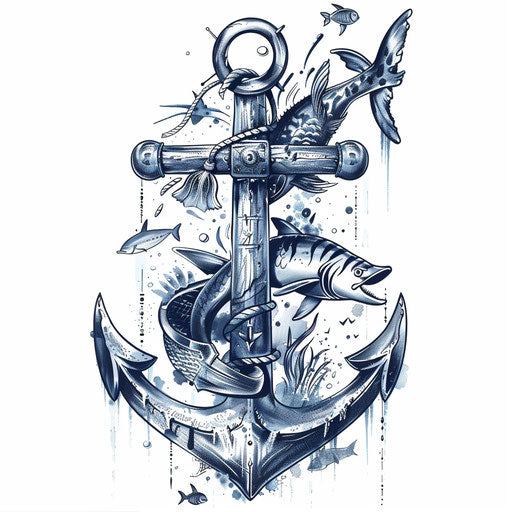 Anchor and fish tattoo, nautical and marine motifs