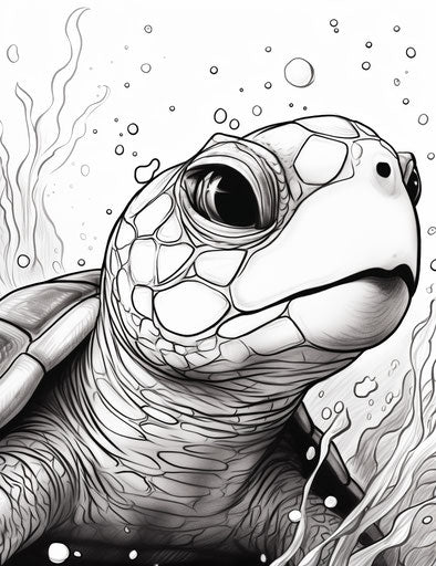 Coloring pages of adorable turtle in Victor Nizovtsev style, intense gaze