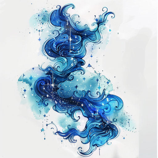 Artistic flat tattoo sketch of the Aquarius constellation with watercolor splashes