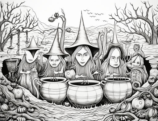 Witches in a pot, monochromatic white figures