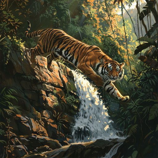 Sunda tiger leaping across rocky ravine