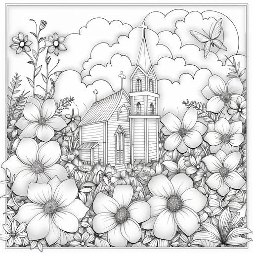 Church surrounded by spring flowers - Coloring book page