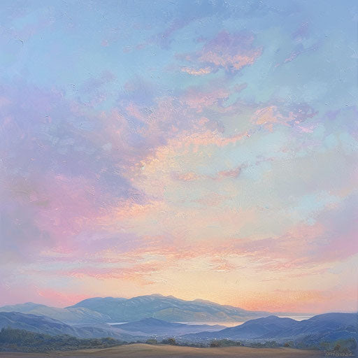 Peaceful sunrise over a mountain, soft pastel colors