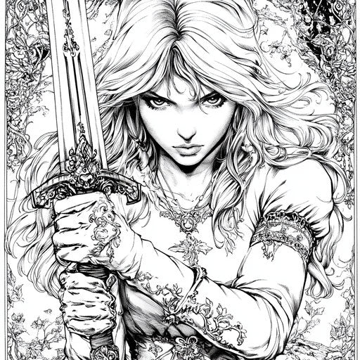 Warrior princess with a sword, in the style of Mark Schultz, Coloring book page