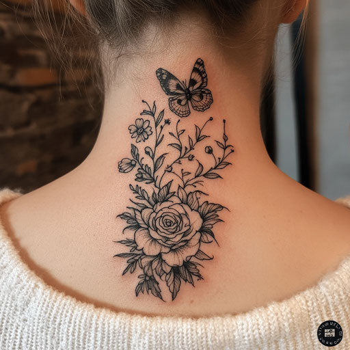 Rose tattoo on neck in the style of Maria Sibylla Merian with delicate rose and butterfly