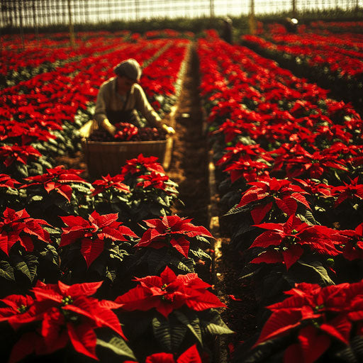 Nursery of blooming poinsettias for the holidays with workers