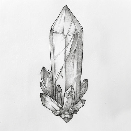Simple and elegant flat tattoo sketch of a clear quartz crystal with fine lines