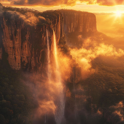 Angel Falls with epic mist and golden hour light