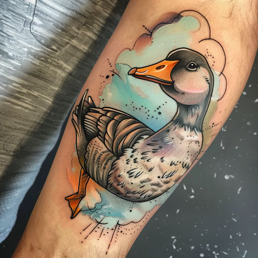 Artistic sketch of a goose with a watercolor sky and fluffy clouds