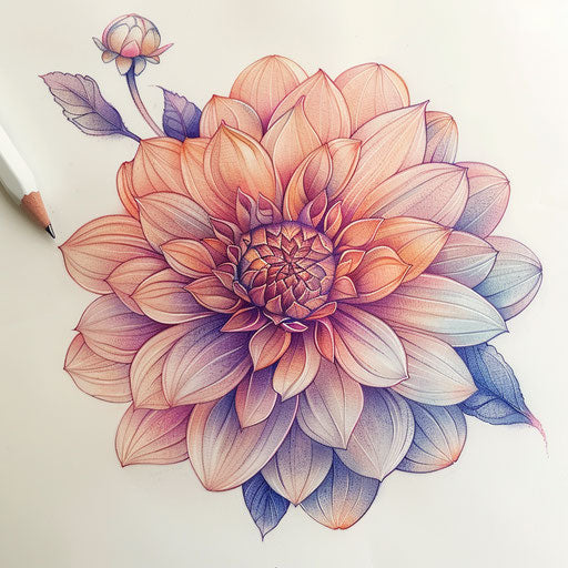Ethereal dahlia tattoo sketch with soft pastel colors