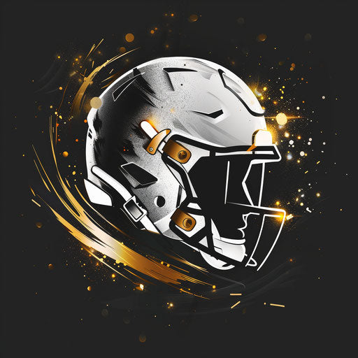 White and gold football logo design on dark background