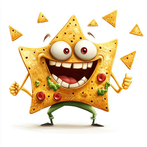 Humorous caricature of a nachos caricature clipart with human characteristics, exaggerated grin teeth, short legs, vibrant colors, cartoon style, surprised, high resolution, isolated