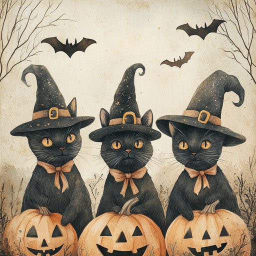 Three black cats witches with pumpkins and bats