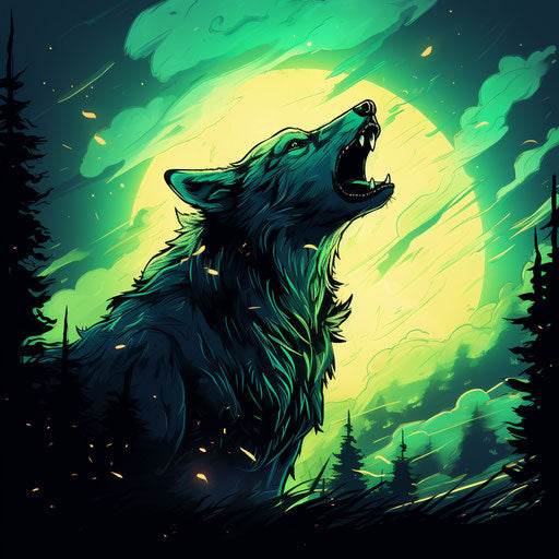 Wolf howling at the moon, vibrant illustration style