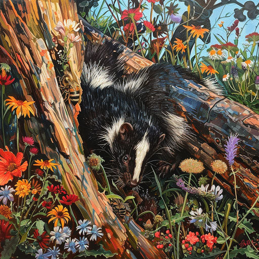 A curious eastern spotted skunk investigating a fallen tree, surrounded by wildflowers and bees