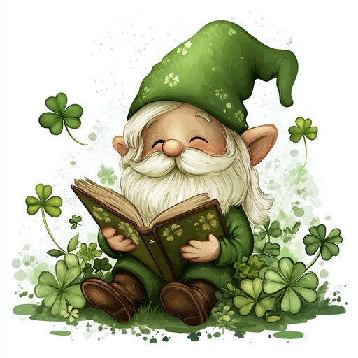 St. Patrick's Day gnome reading a book