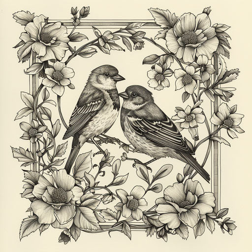 Birds and flowers in frame, graceful lines, ornate designs