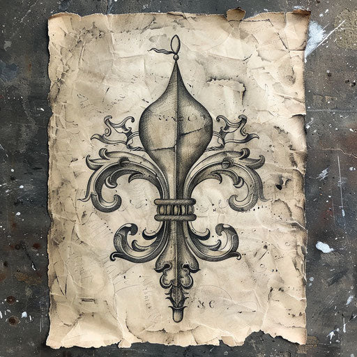 Historical sketch of a lily flower in an ancient manuscript style with faded calligraphy