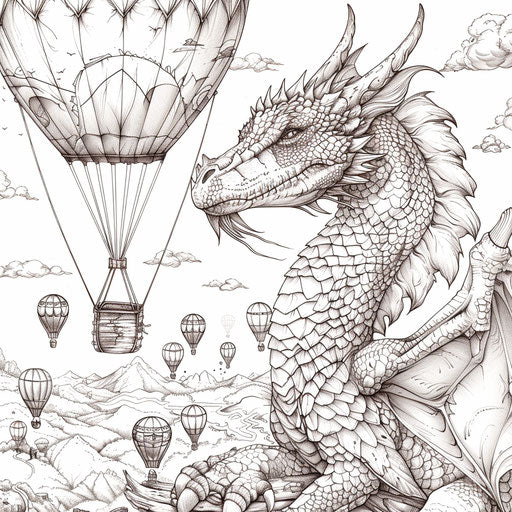 Dragon with hot air balloons, Stephen Wiltshire style, coloring
