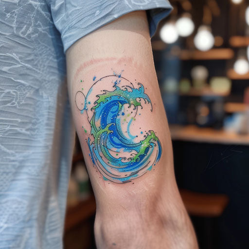 Dynamic tattoo sketch of a neon wave with blue and green colors
