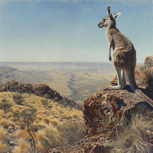 Grey kangaroo on rocky outcrop, overlooking vast valley