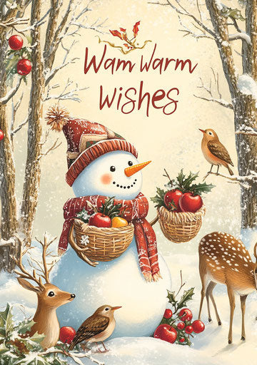 Winter Wonderland: snowman, trees, birds, deer, colorful apples