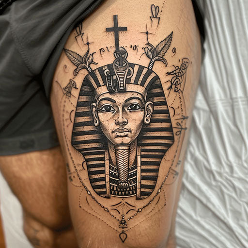 Cultural flat tattoo sketch of a pharaoh with Coptic Christian motifs and crosses