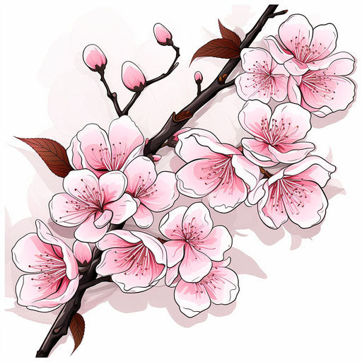 Pink Cherry Blossoms on Isolated White Background with Leaves