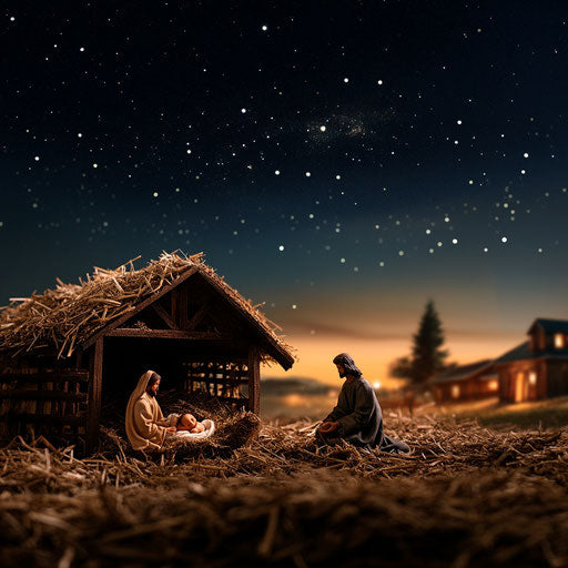 Rustic manger scene under a starlit sky
