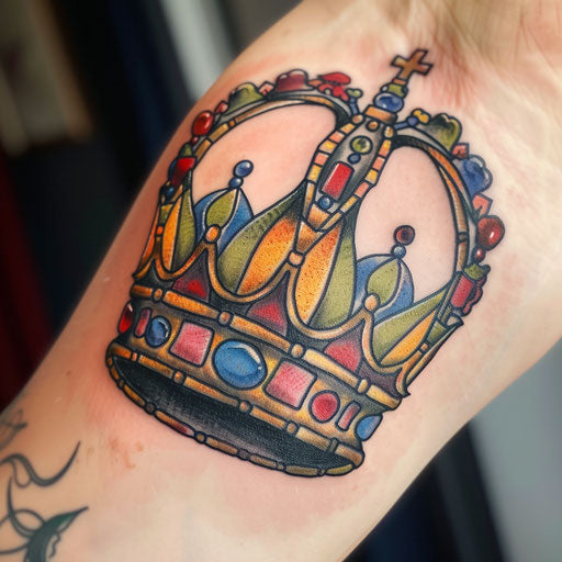 King crown tattoo in stained glass art style