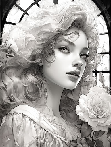 Coloring pages for kids stained glass roses, in the style of Charles Dwyer, sculpted, exquisite black and white engravings 3:4