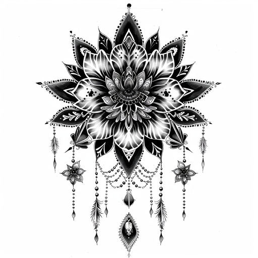 Black and white tattoo design, Indian motifs, delicate coloring