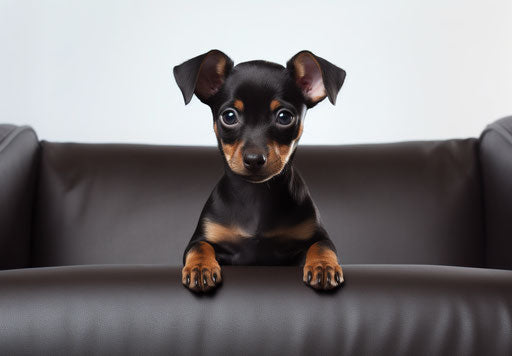 Black and brown miniature pinscher puppy on a white couch